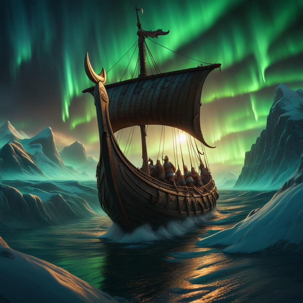 viking ship on  water under northern lights surrounded by do...