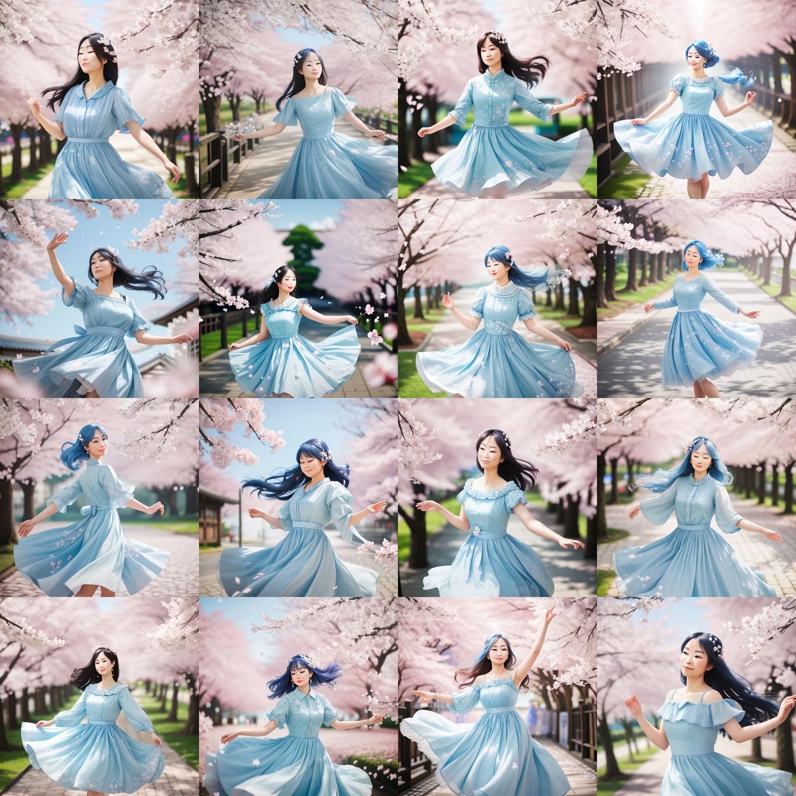 a lady in a light blue dress dancing with cherry blossom  fl...
