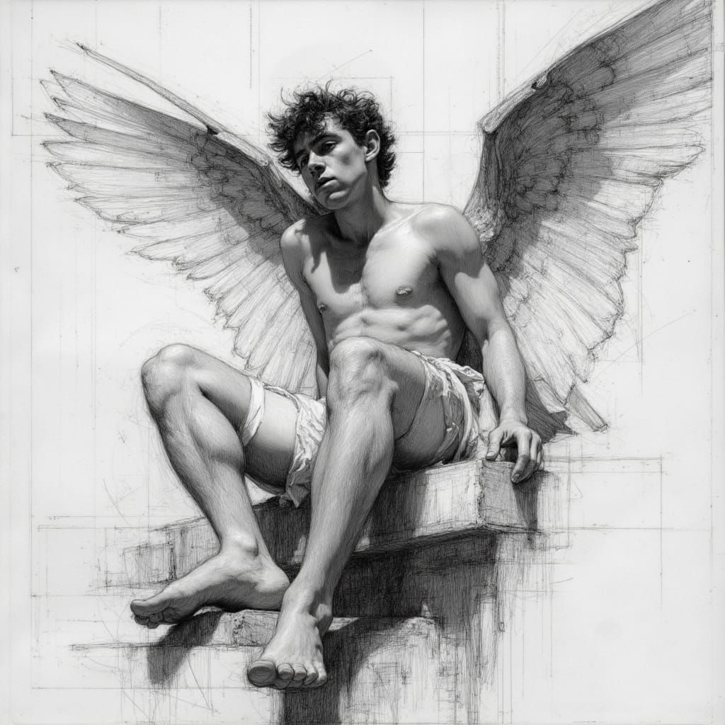 <lora:LSR - 1:1.0> Brushed charcoal, black and white, a divine scene of rich enlightenment, a fallen angel soul ascending to heaven, style o...