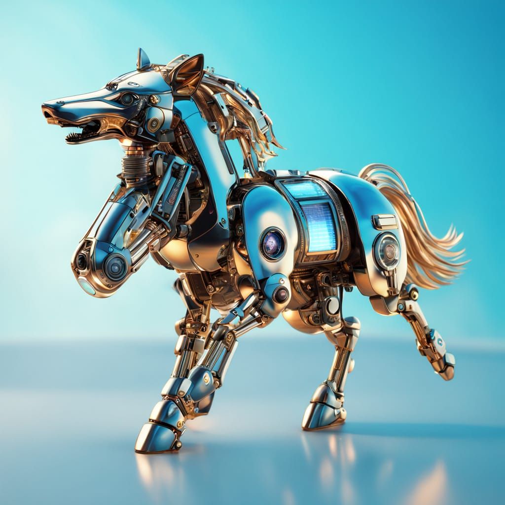 A hyperrealistic wolf robot in a galloping pose, designed with sleek, polished chrome body parts that reflect light like liquid metal. The h...