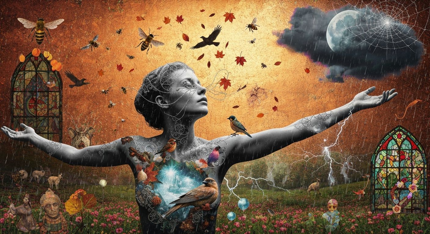  A mystical shaman, her skin like burnt ice reveals a bioluminescent frozen oasis amidst a labyrinth of music. autumn leaves in the oasis em...