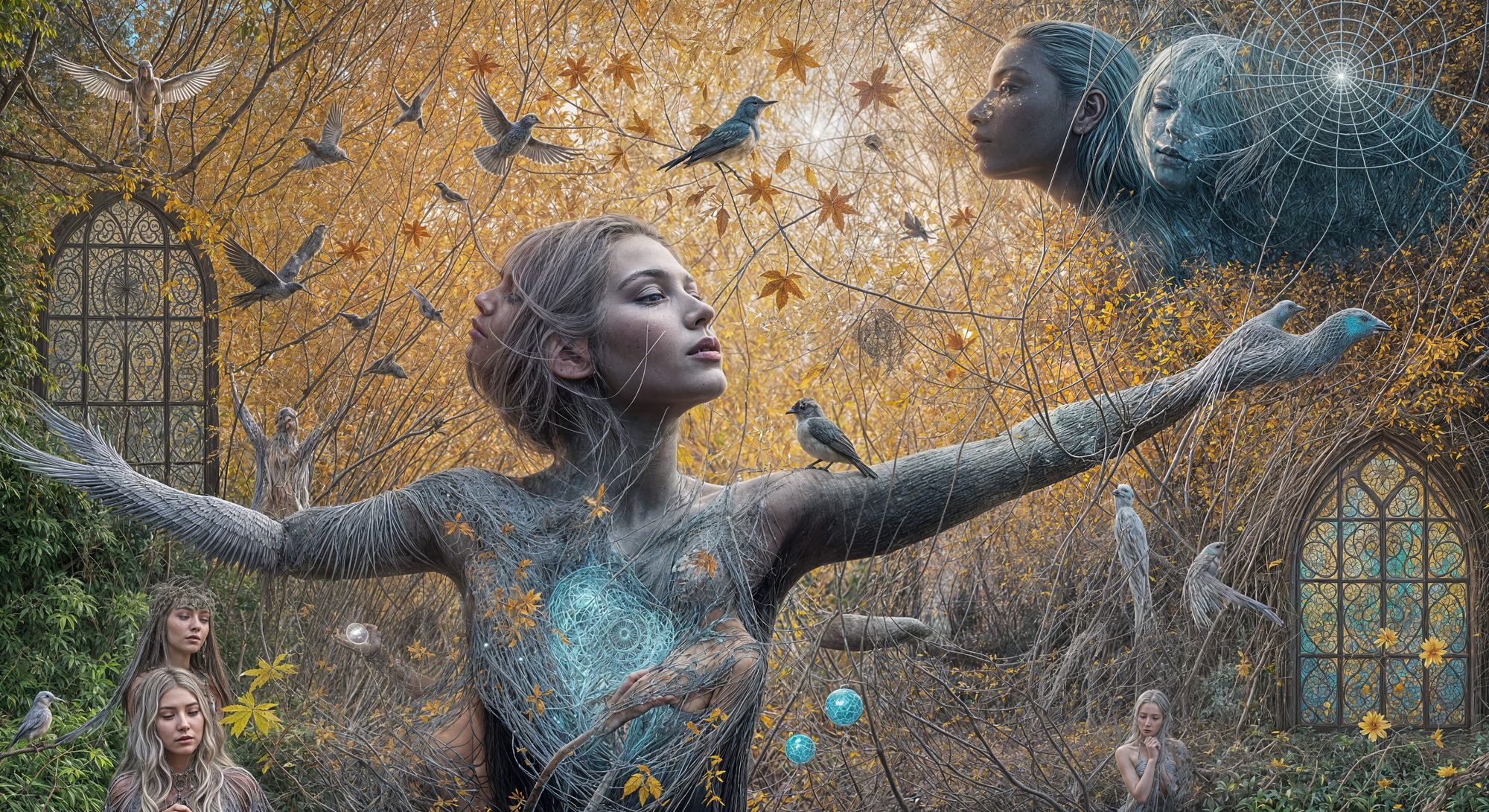  A mystical shaman, her skin like burnt ice reveals a bioluminescent frozen oasis amidst a labyrinth of music. autumn leaves in the oasis em...