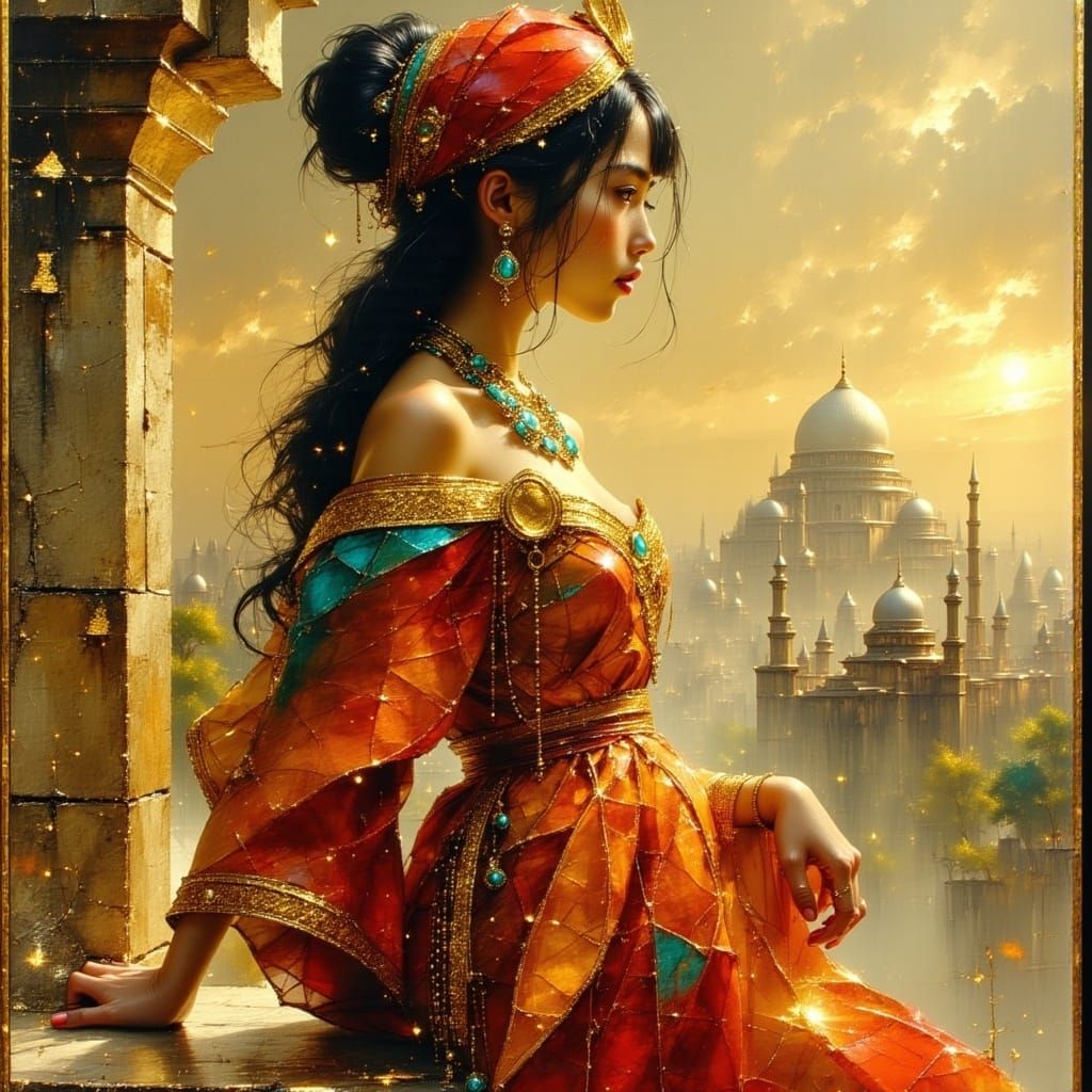 <lora:Exquisite Flux:1.0> <lora:Akimora:1.0> A beautiful woman in profile, leaning forward gracefully over a wide, weathered stone parapet  ...