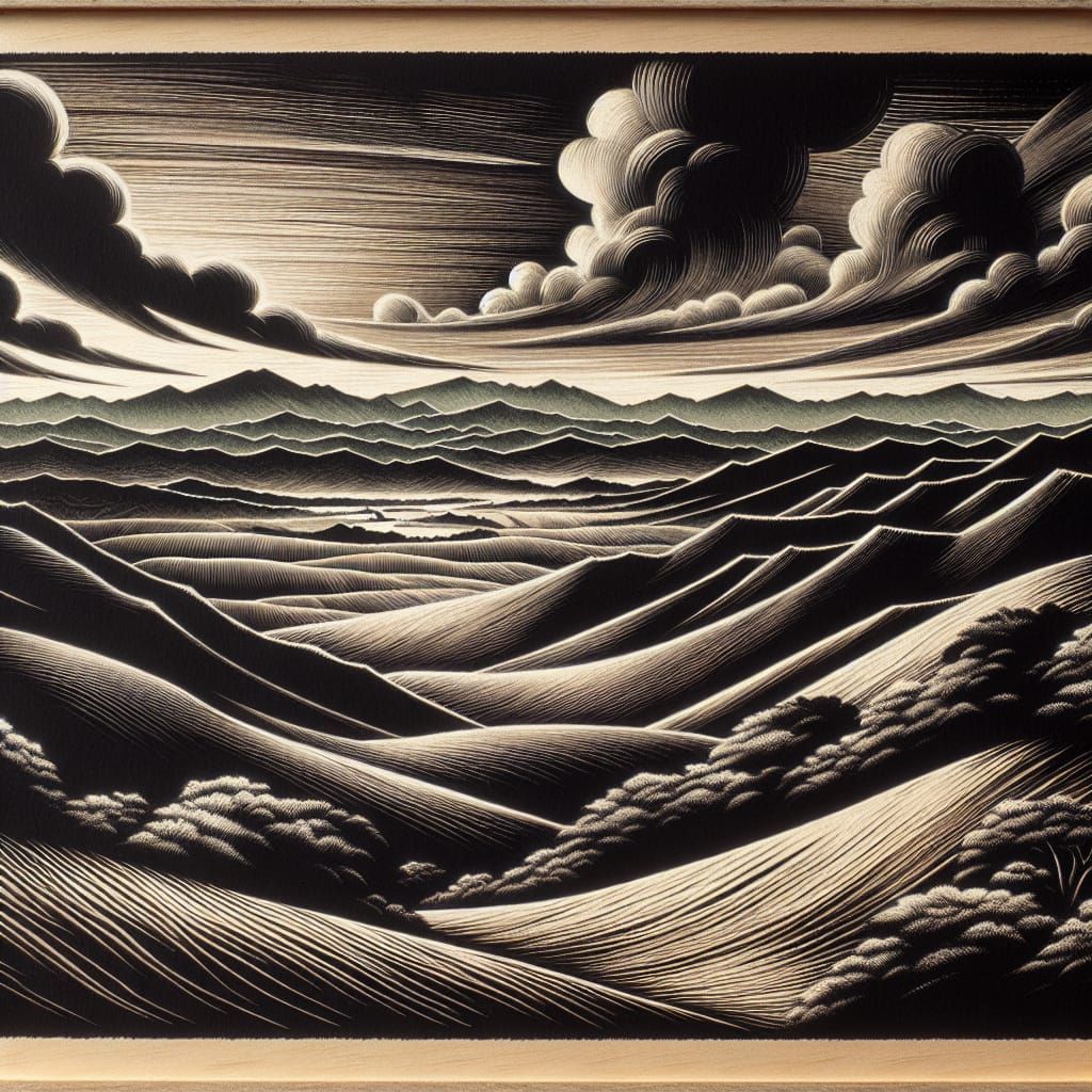 Beautiful black sweeping landscape vista, scratchboard