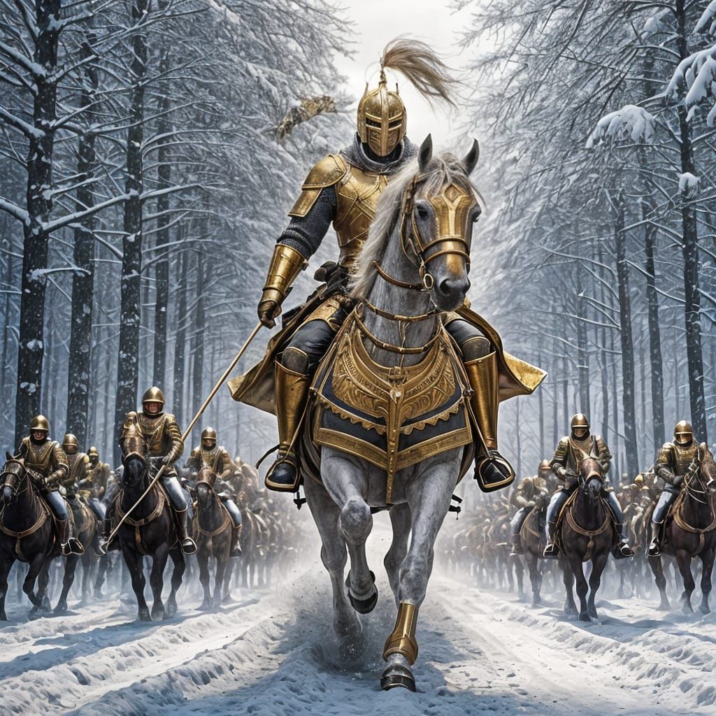 South Asian Knight Leads Cavalry Through Snowy Siberian Fore...