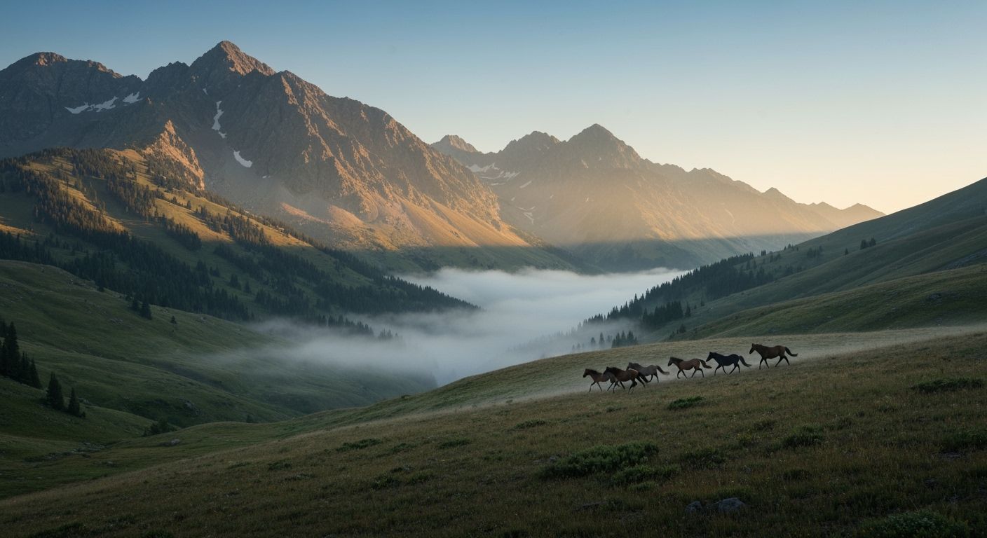 A serene mountain landscape at dawn, with mist clinging to the valleys and the first rays of sun illuminating the peaks.