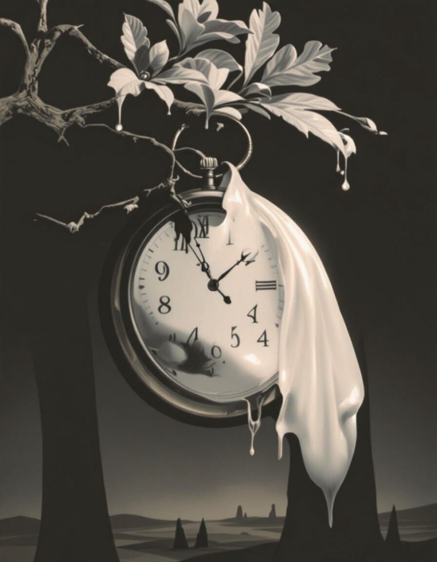 Surreal Desert Melting Clock on Tree Branch