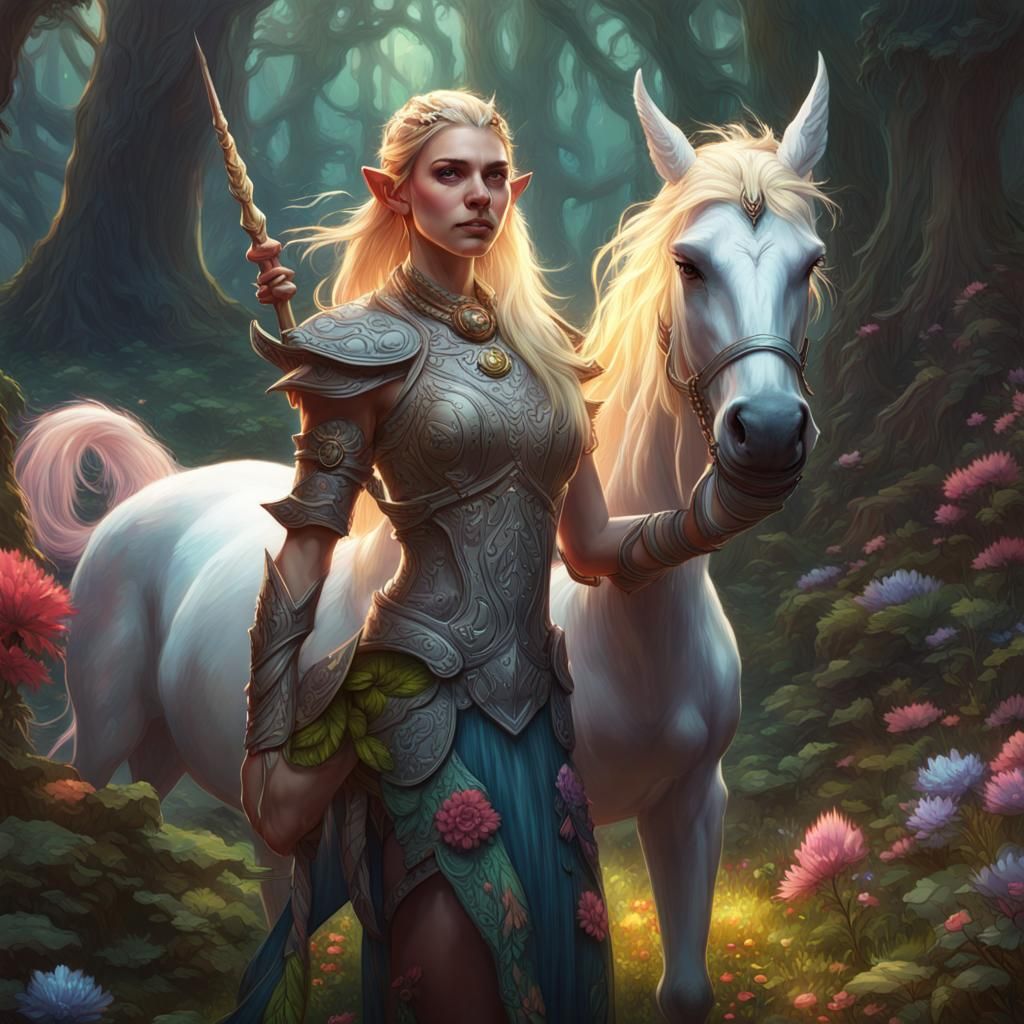 Epic D&D elf female, blonde hair in braids, standing in a colorful ...