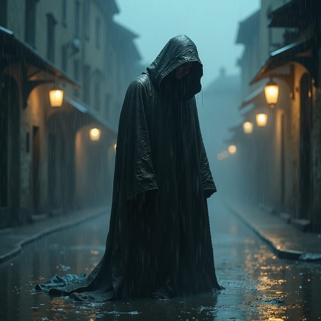 Man Weeping in Rainy Cityscape: Evocative Digital Art