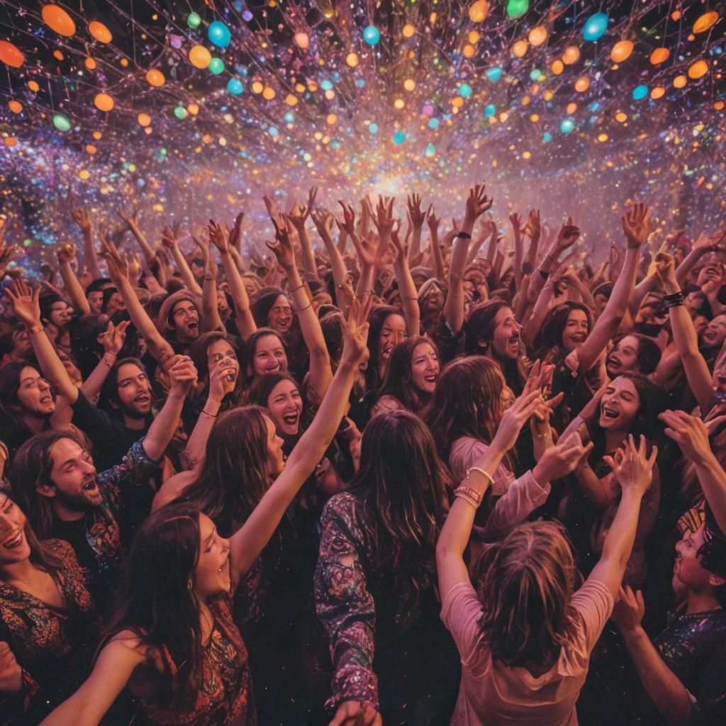 A psychedelic party reveal showing revelers swept up in a pu...