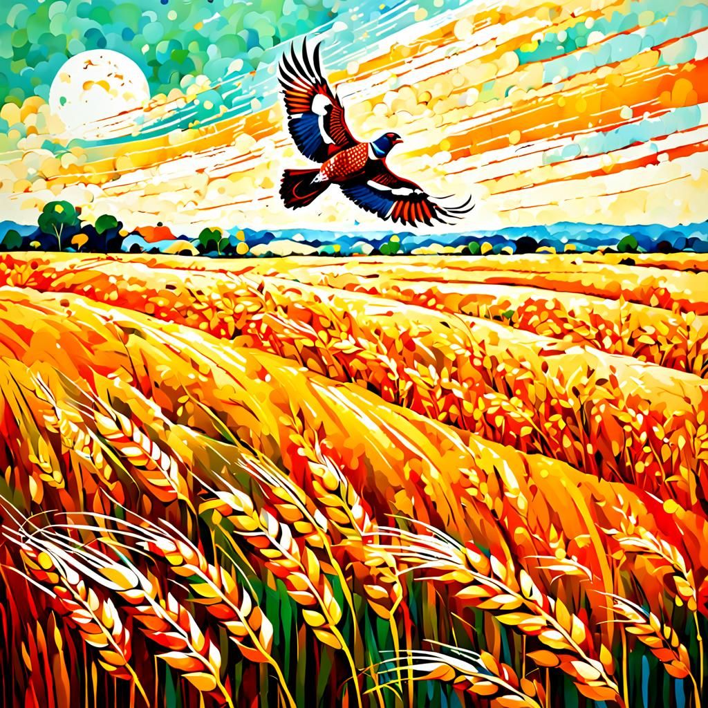 A pheasant over a wheat field