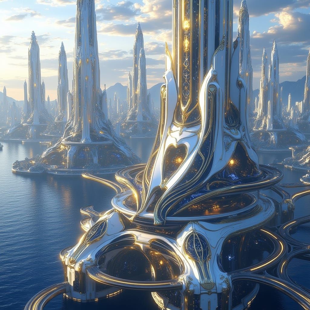 <lora:Vorthalune II:1.0> a futuristic cityscape with towering skyscrapers and intricate architecture. The buildings have a sleek metallic fi...