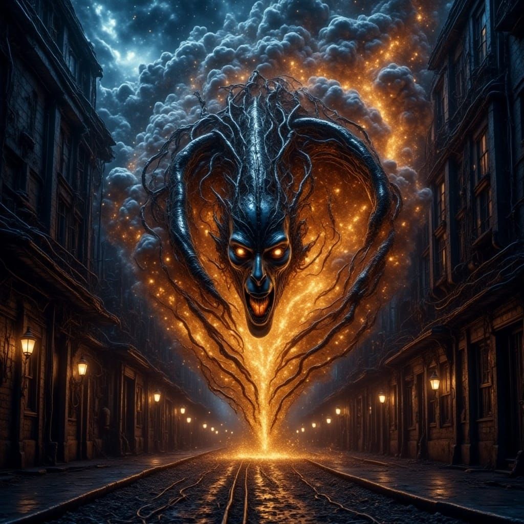 <lora:D3Dflux:1.0> Dark Magical Realism. Close-up medium shot. A swirling cloudy vortex forms an angry Fire Dragon in a mystical explosion....