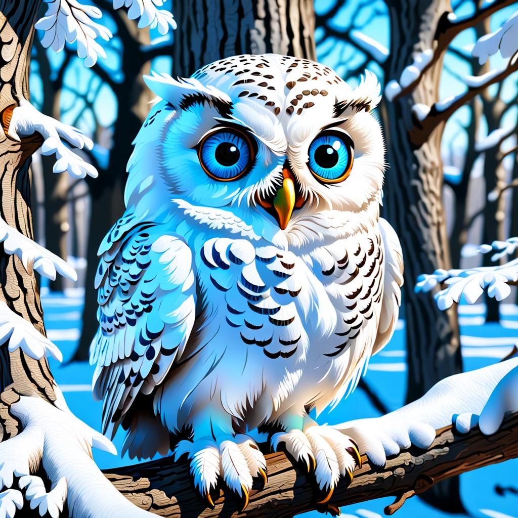 A snowy white owl, perched on a gnarled, ancient maple tree branch.🍁 - Start Image 2