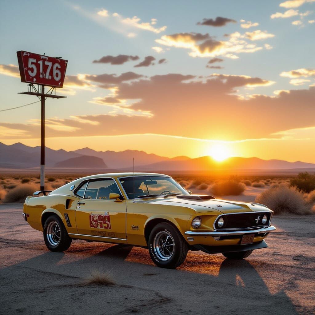 Ein schwarzer Ford Mustang Shelby GT Baujahr 1969 mit weißen Racing Streifen auf dem Dach und der Motorhaube, fährt in den Sonnenuntergang d...