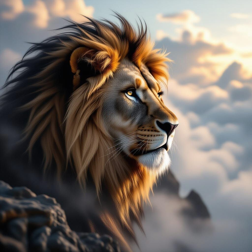 Majestic Lion Gazing from Rocky Outcrop in Ethereal Light