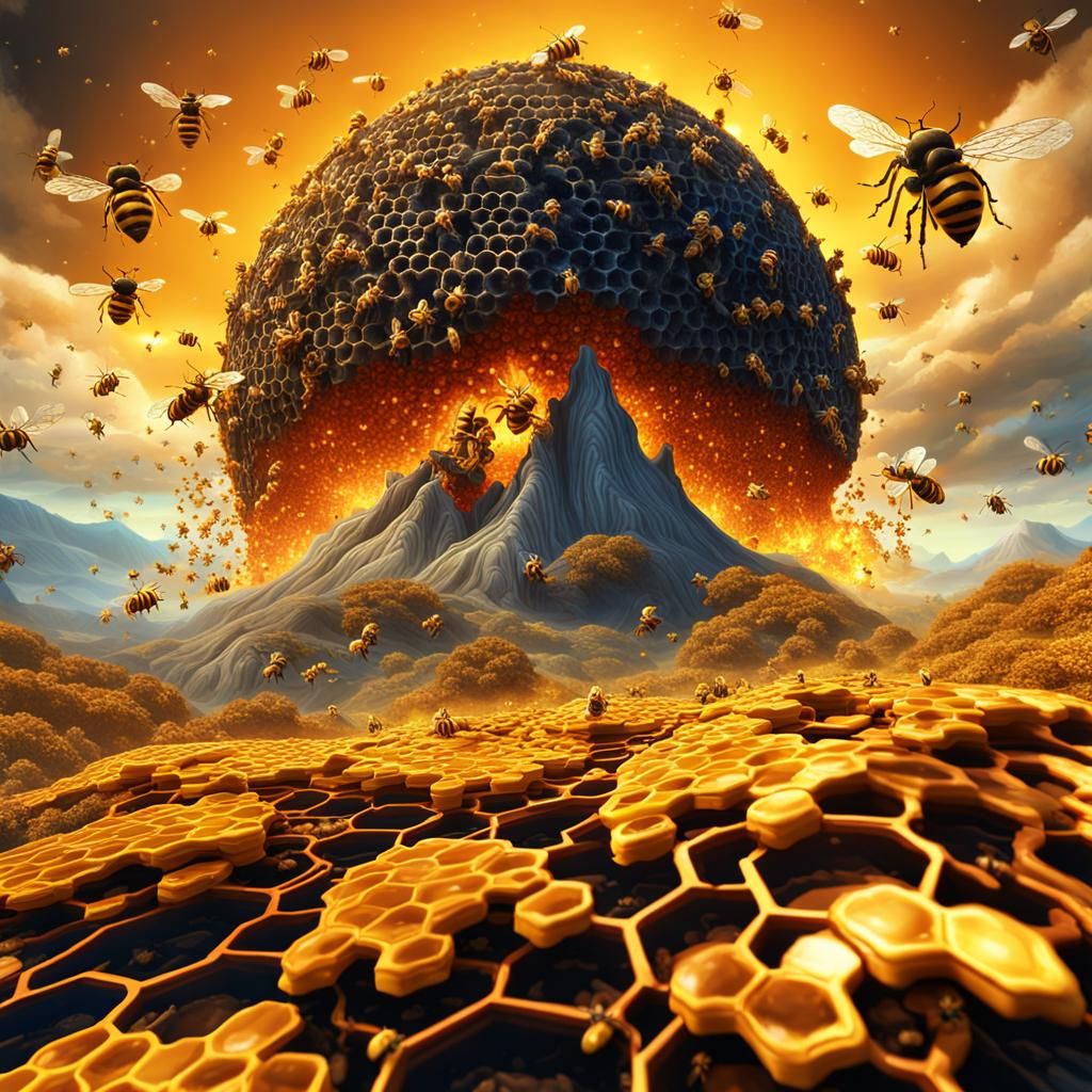 Centered composition landscape surreal honeycomb volcano erupting honey ...