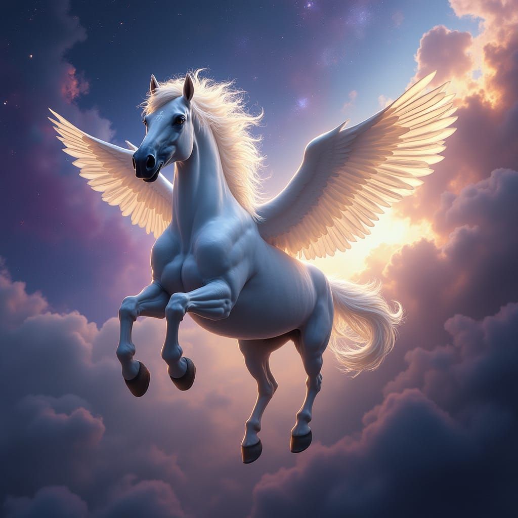 Winged Horse Galloping Through Cosmic Nebula