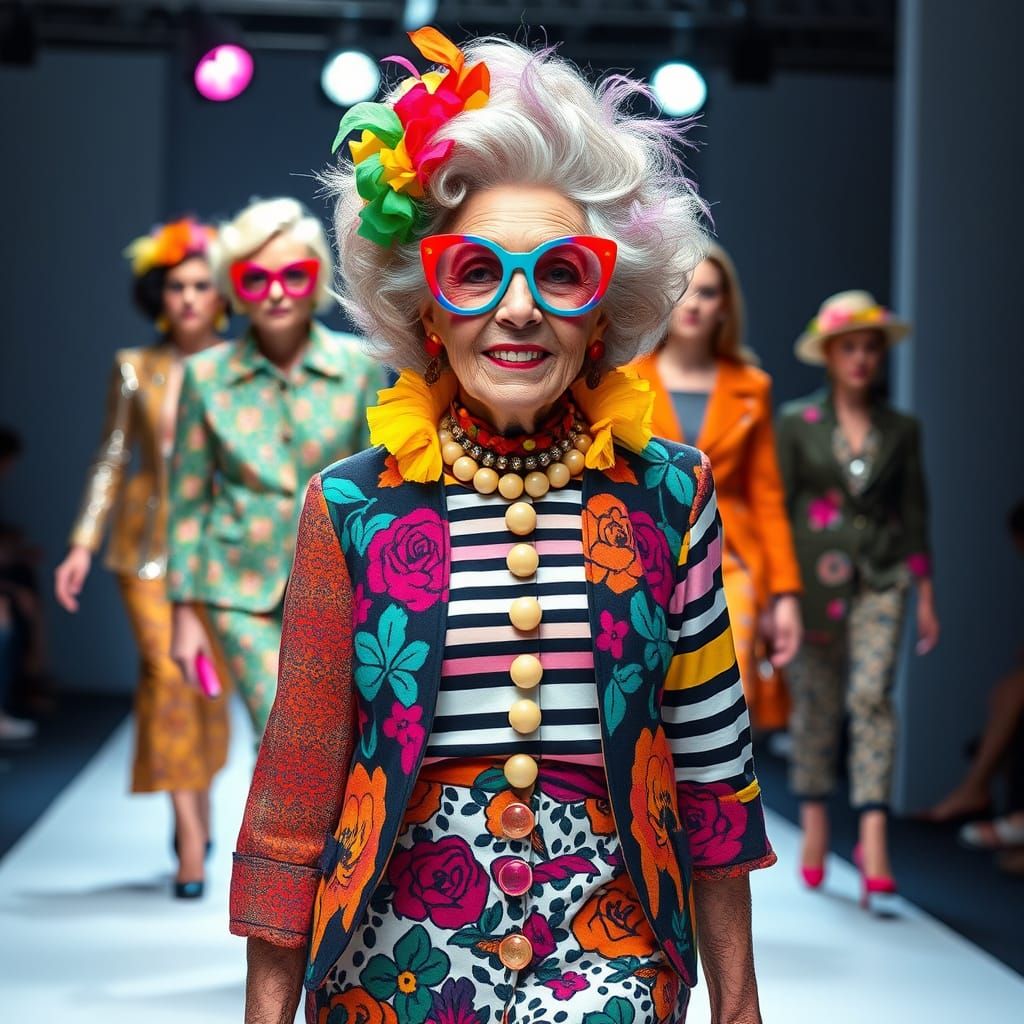 90 year old models walking down the catwalk, wearing eclectic outfits  by @odd-duck