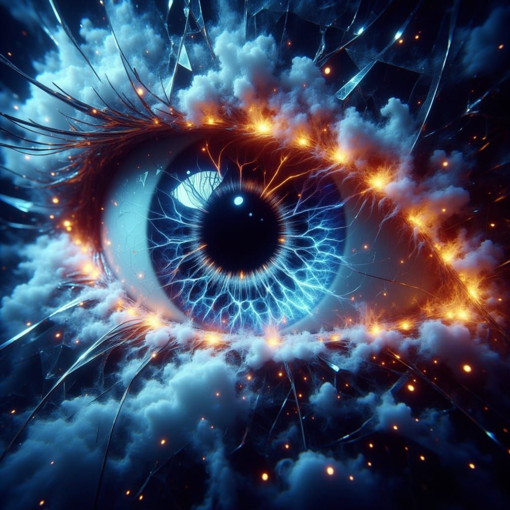 Close up microview of broken_glass_in_the_shape_of a Dragon eye in the style of <lora:Brocken eyes:1.0> .glowing_fire_electrical_atmosphere ...