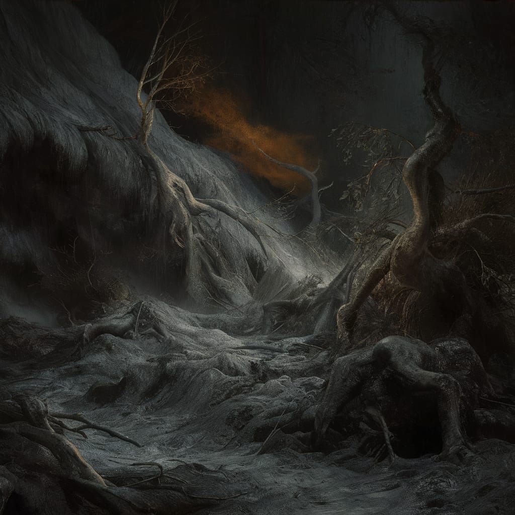 Dramatic Mudslide Through Forest: Dark Fantasy Concept Art