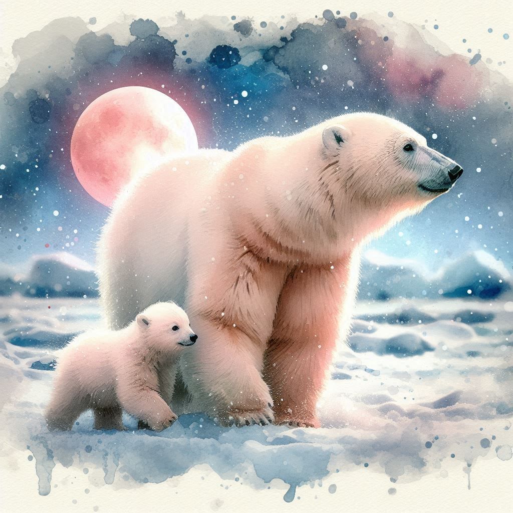 Polar Bear And Her Cub in the setting sun