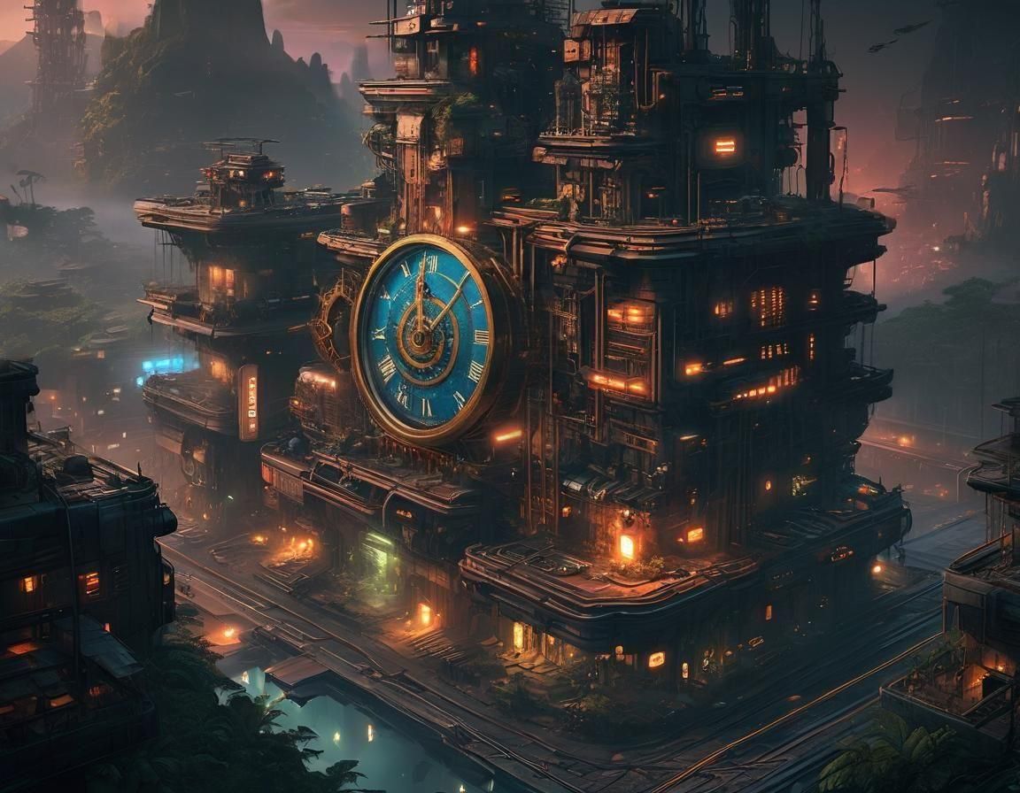 A lost city in the jungle built from radio valves, condensers, lightbulbs and nixie tubes.  View is distant and looking down from a vantage...