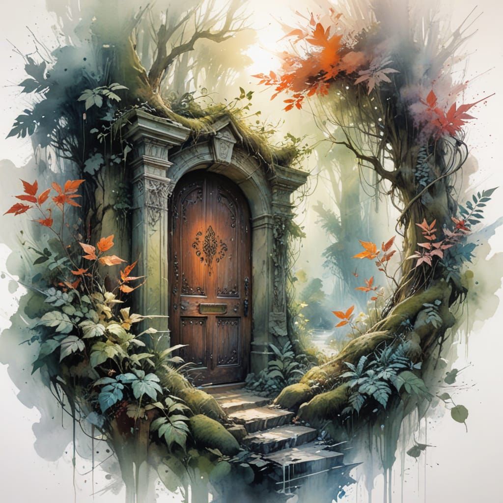 The Enchanted Forest Portal: Imagine an ornately carved door nestled in the heart of an ancient forest. ...  by @Kosh