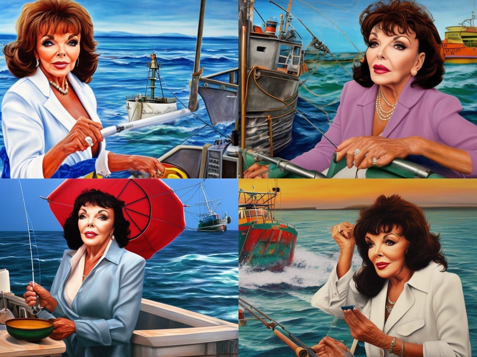 Joan Collins working on a fishing trawler Hyperrealistic, mid shot