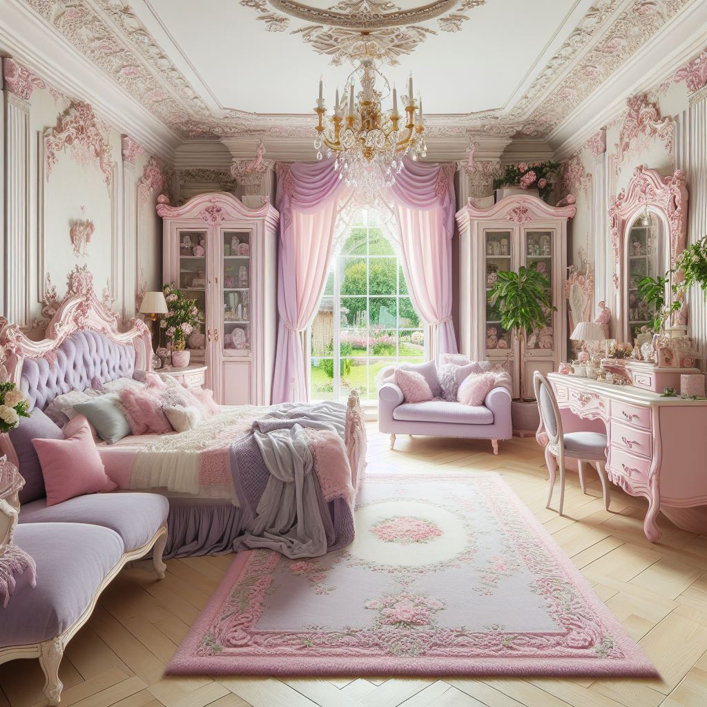 Maximalist rococo bedroom for a teenage girl in a maximalist...