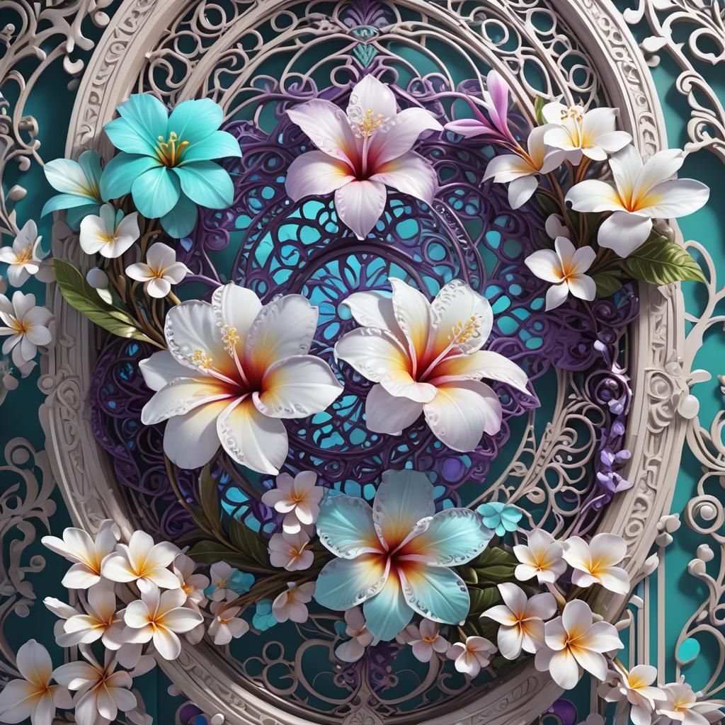 Iridescent White Filigree plumeria portal purple aqua irides...