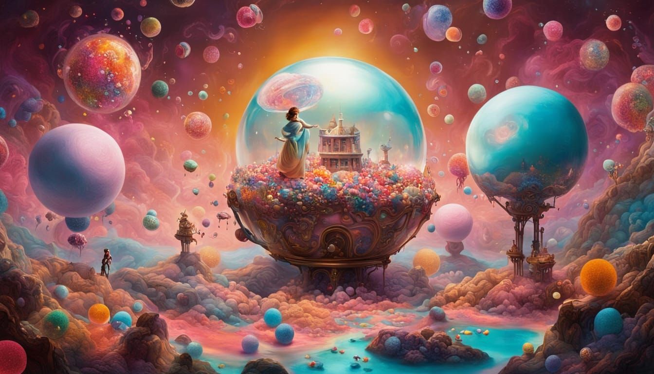 A clockwork automaton mistress meticulously polishes a giant, transparent candy orb.