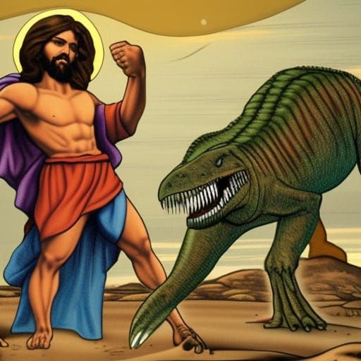 Jesus Christ punching a Trex out of existence detailed compl...