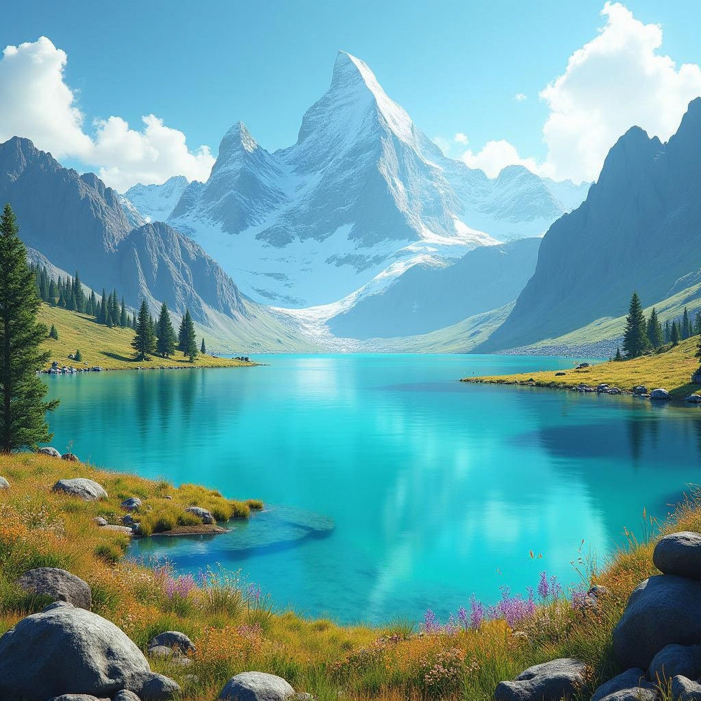 Lake Sourounded by Grass Plains with Mountain in Background