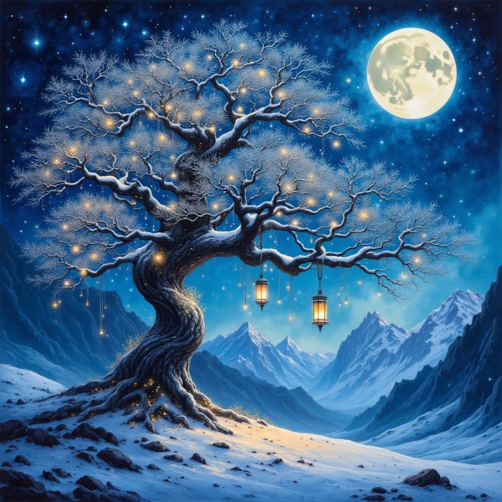 By glory, pino daeni, chalk drawing, watercolor aura brush strokes, Intricate painting of an enchanted overgrown tree of filigree fireflies...