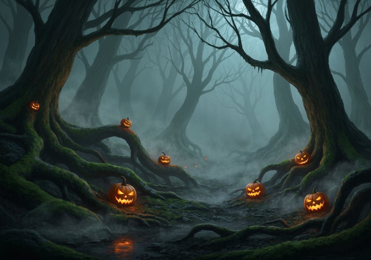 Epic dark fantasy scene of a haunted, moonless, foggy forest. 