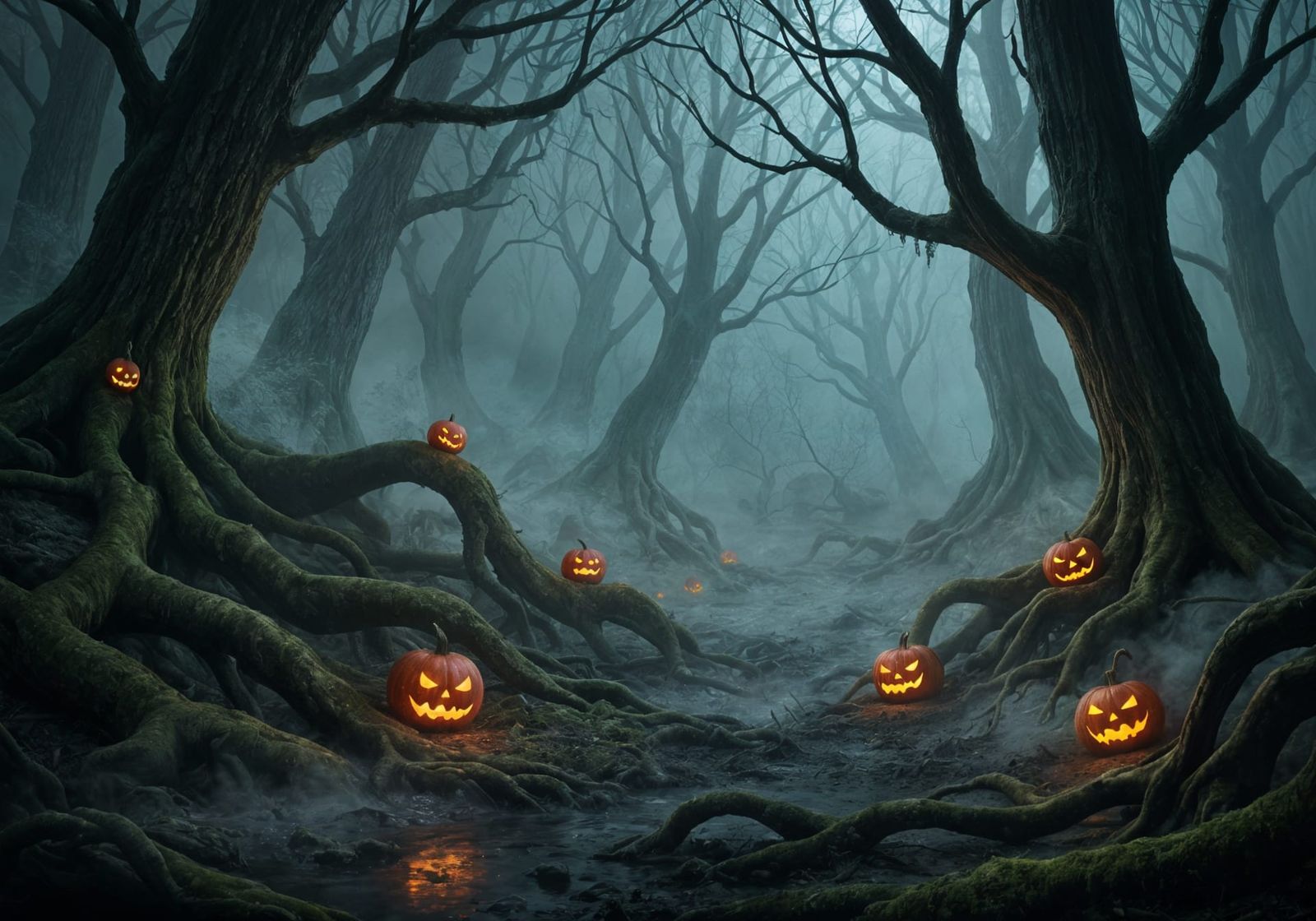 Epic dark fantasy scene of a haunted, moonless, foggy forest.   by @Shuru