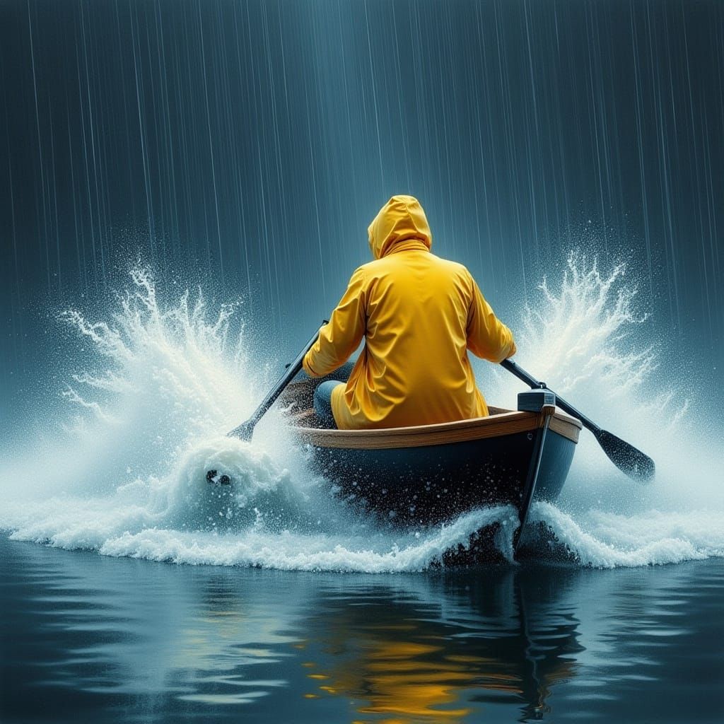 <lora:Langhaarige Katzen:1.0> at a rowing boat at heavy rain with big water splashes glisten in the background 