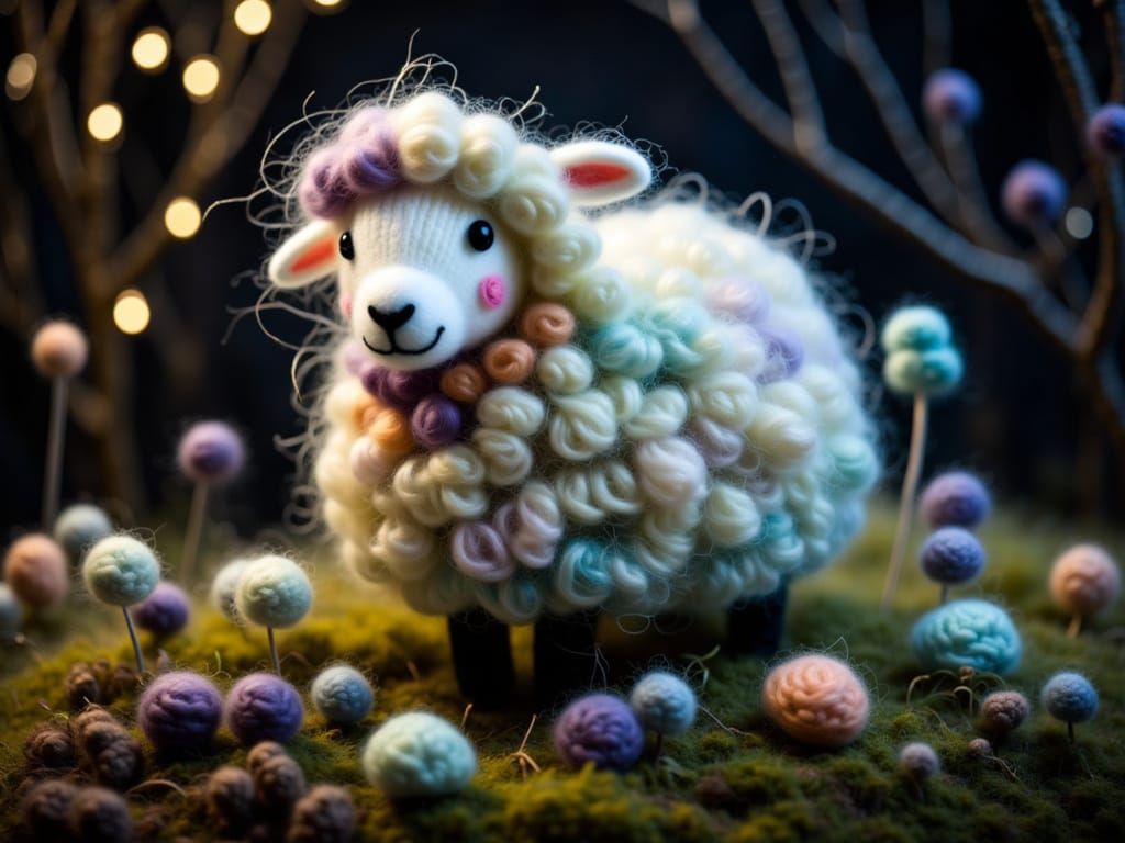 <lora:Felted Wool Flux:1.0>kawaii wooly lamb made of felted wool, crocheted, knitted, fiber art, landscape, magic luminescence, sparkling mo...