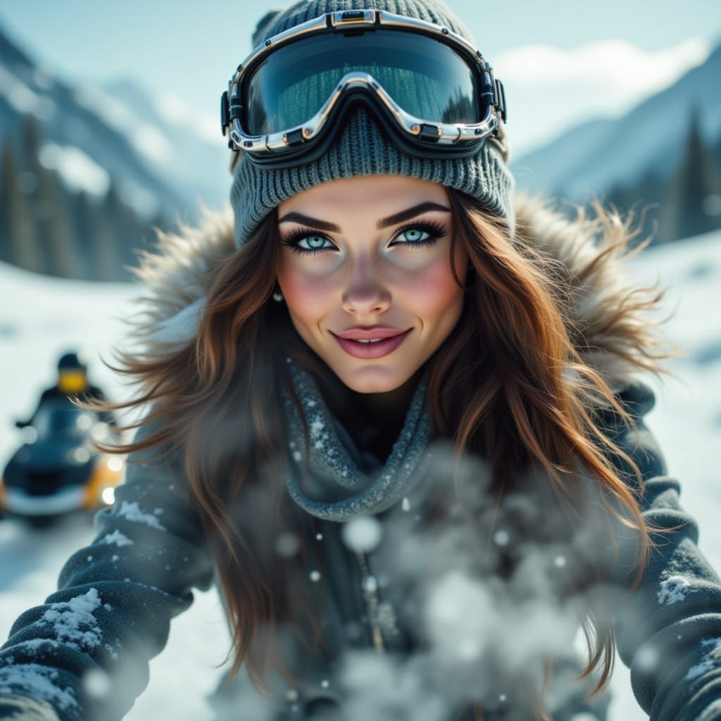 Woman Snowmobiling in Snowy Mountains with Bold Makeup