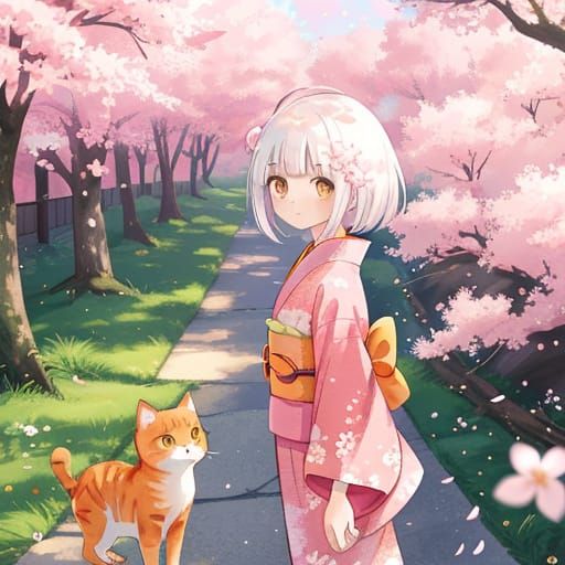 Anime Girl with Orange Cat Under Sakura Trees