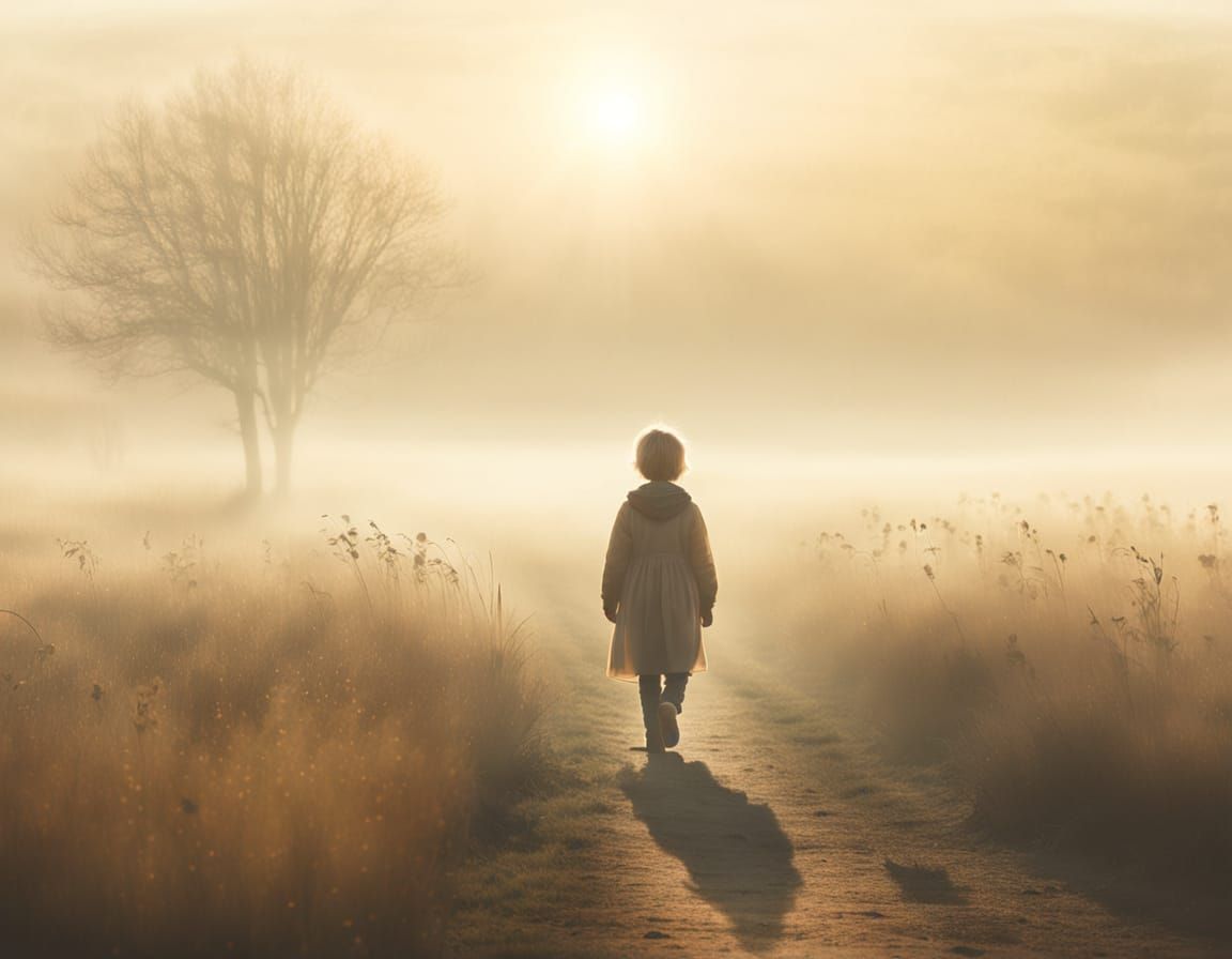  A Child Holding Hands with Their Shadow
A young child walks through a foggy field at dawn, but instead of the shadow trailing behind—it wal...