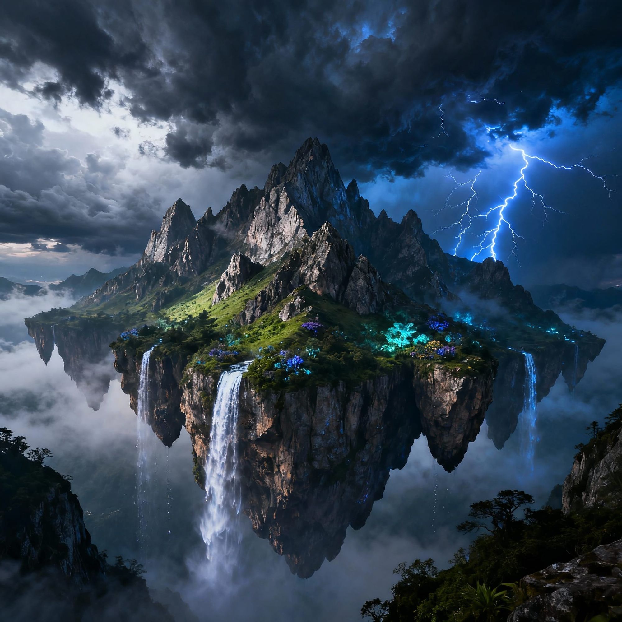 hyperrealistic image a fantasy world setting, there are mountains that float in the sky, rocks in the sky, no gravity, dark cloud with light...