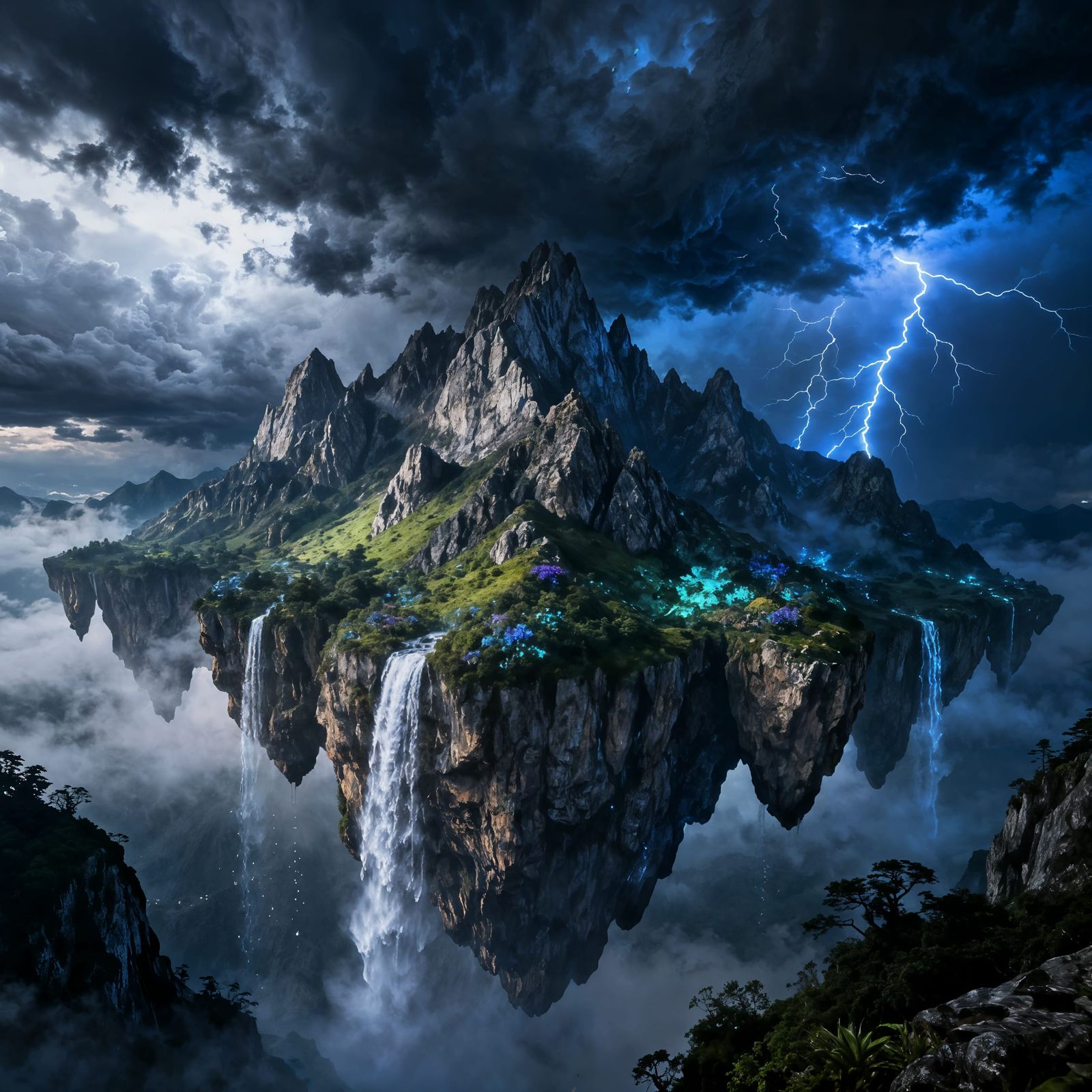 hyperrealistic image a fantasy world setting, there are mountains that float in the sky, rocks in the ...  by @J_