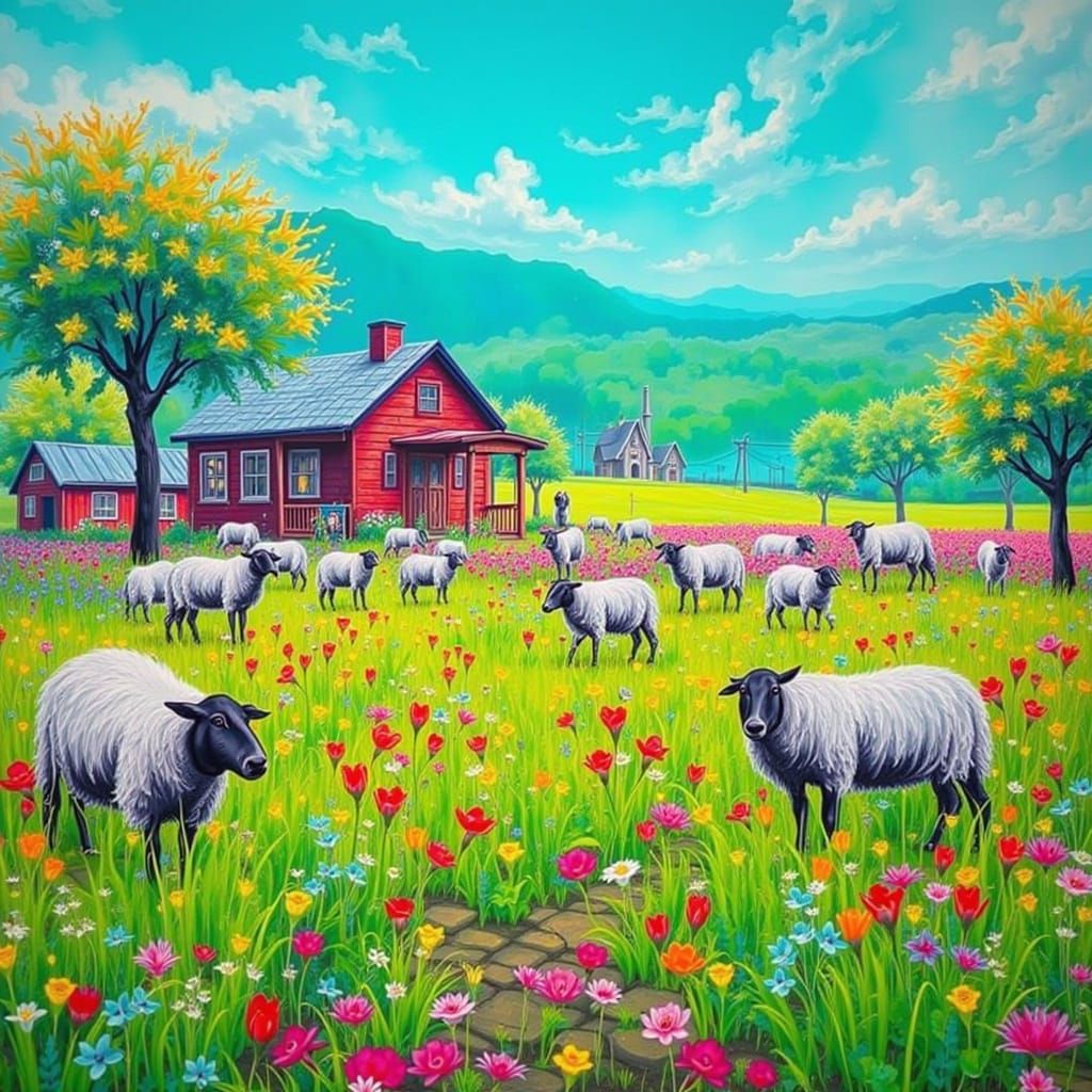 <lora:BLOOMING VIBRANT:1.0> Sheep farm