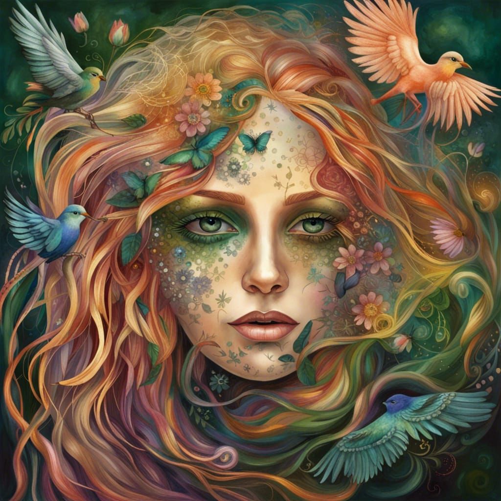 The eyes of a woman with long rose gold hair Within the eye ...