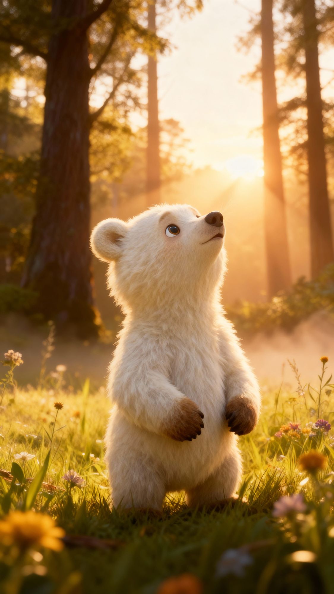 “Ultra-realistic cinematic 3D render of an adorable baby bear cub peeking from behind a mossy tree trunk in a forest.
The cub has creamy whi...