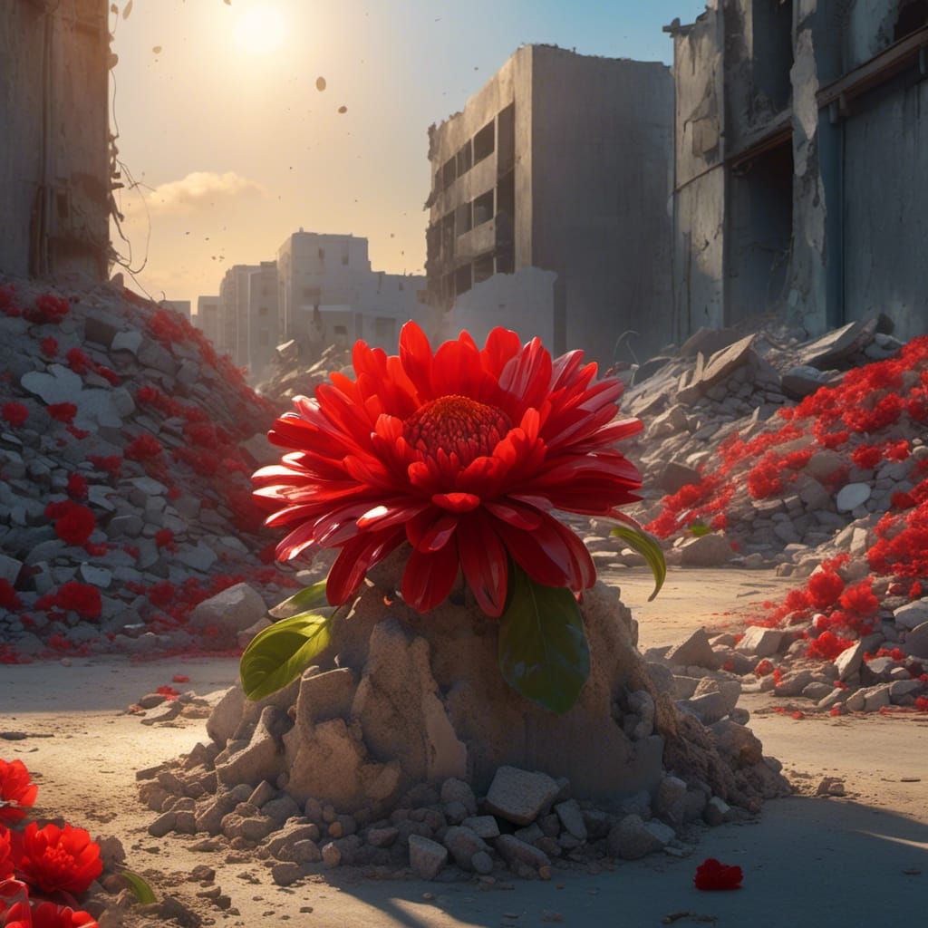 <lora:NC Hyperreal:1.0> Morning sun highlights vibrant red flower rising from a pile of grey concrete, delicate petals b...