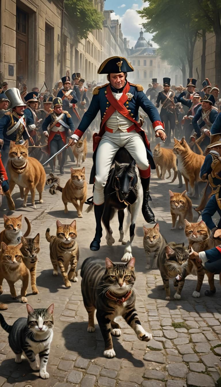 Napoleon's Feline Encounter: A Humorous Matte Painting