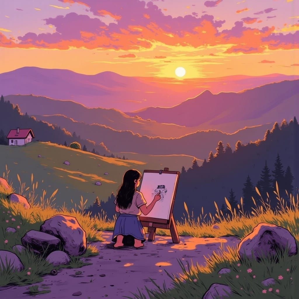 <lora:Alius:1.0>digital illustration in the style of Trina Schart-Hyman :: An artist painting a sunset over rolling hills, blending ombre h...